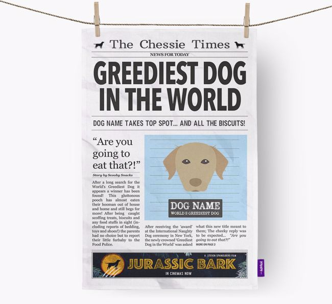 The {breedShortName} Times 'Greediest Dog In The World' Personalised Tea Towel